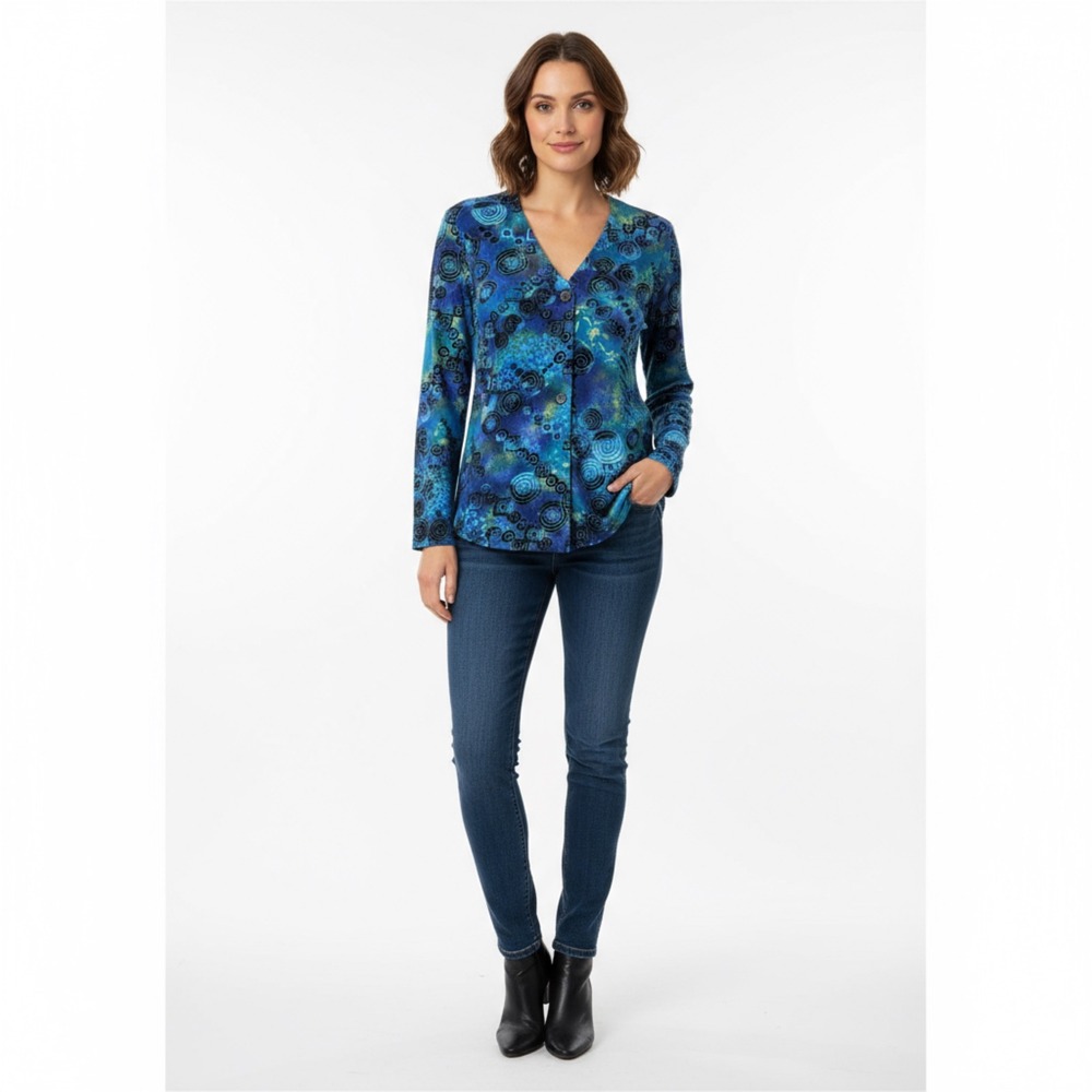 Chicos Travelers Small Blue Abstract Swirl Square‎ Print Long Sleeve Cardigan